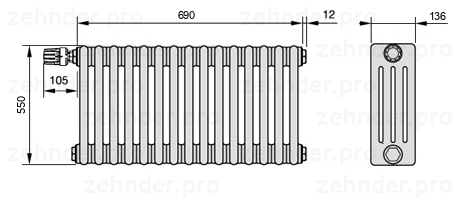 Схема (чертеж) Радиатор Zehnder Charleston 4055/15 №V011 Белый глянцевый RAL 9016